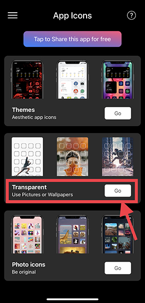 スクショの準備ができたら「Icon.Luxe」を開き、『Transparent』のGoをタップ