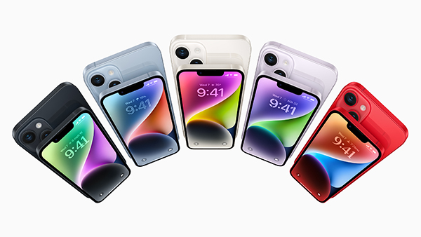 「iPhone 14」「iPhone 14 Plus」のカラーバリエーションは、ミッドナイト、ブルー、スターライト、パープル、（PRODUCT)REDの5色展開