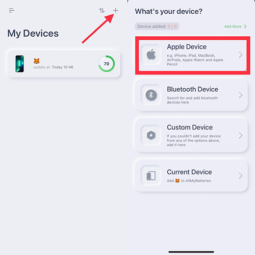 iPhone以外のデバイスの情報を、アプリの右上プラスボタンから追加
