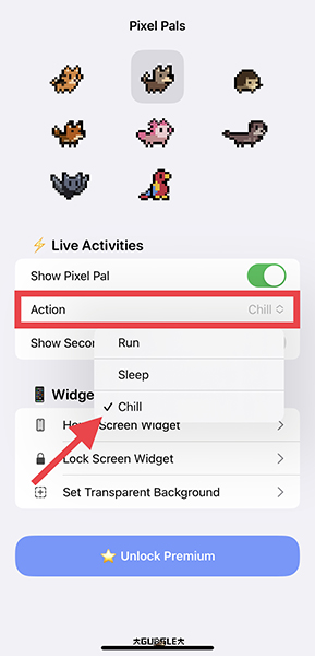 ウィジェットアプリ「Pixel Pals」の、ライブアクティビティ『Action』設定画面