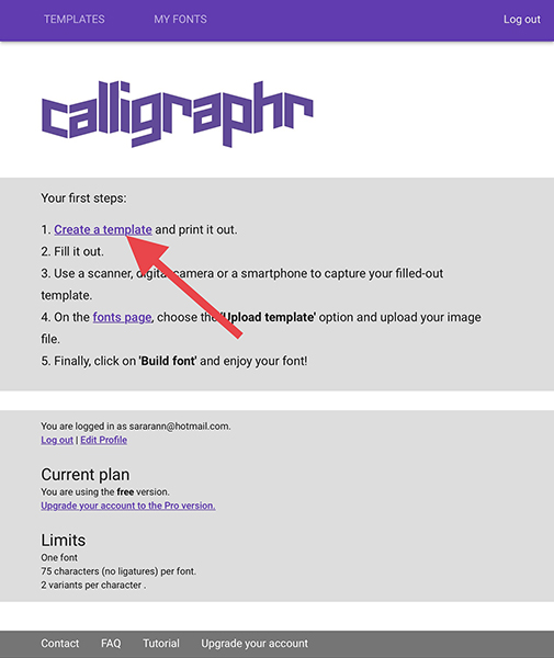 フォント作成サイト「calligraphr」で、テンプレートをダウンロードする操作画面