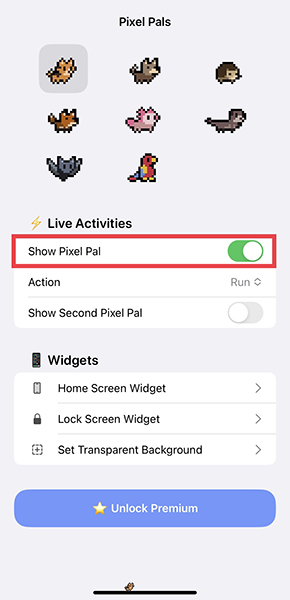 ウィジェットアプリ「Pixel Pals」の、ライブアクティビティ起動操作画面