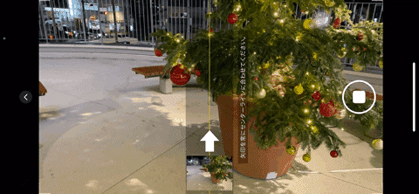 iPhoneカメラの「パノラマ」モードで、クリスマスツリーを撮影する画面