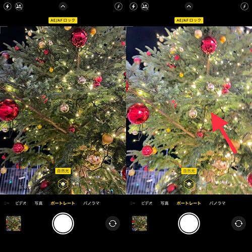 iPhoneカメラの「ポートレート」モードで、イルミネーションを撮影する画面