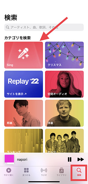 iOS 16.2にアップデートしたiPhoneで、「Apple Music Sing」対応のプレイリストを表示した画面
