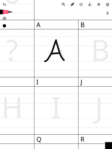 イラストアプリ「Tayasui Sketches」で、フォント作成サイト「calligraphr」のテンプレートに重ねて文字を書く画面