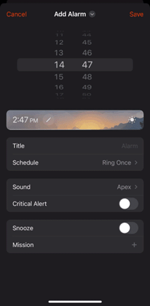 アラームアプリ「Midnight Alarm Clock」の操作画面