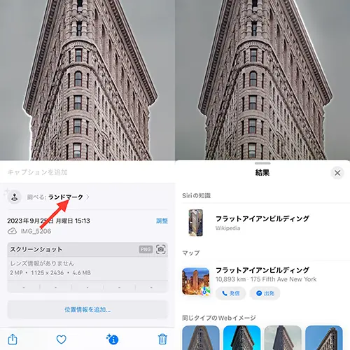 iOS 17を搭載したiPhoneで、「写真」アプリの『調べる』を使う様子