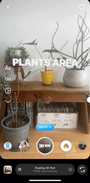 Instagramのストーリーエフェクト「Floating 3D Text」で動画を録画する様子