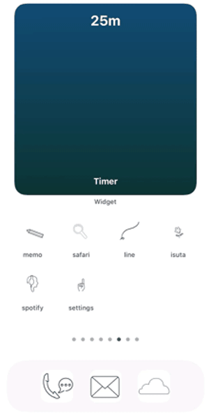 iPhoneホーム画面で、ウィジェットアプリ「Widget」のタイマーウィジェットが起動する様子