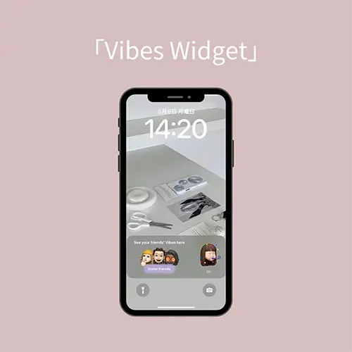 iPhoneロック画面のアクティビティ部分に、SNSアプリ「Vibes Widget」が表示された画面