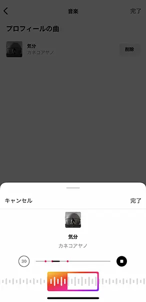 「Instagram」アプリでプロフィールの曲を設定する操作画面