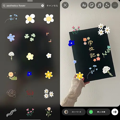 InstagramのGIFスタンプ『aesthetic flower』を使ったストーリー編集画面