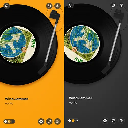 レコードプレーヤー風に音楽を楽しめるアプリ「MD Vinyl」を、iPhoneで操作する画面
