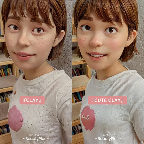 写真・動画加工アプリ「BeautyPluss（ビューティープラス）」のAIフィルター『CLAY ※写真左』と『CUTE CLAY ※写真右』のエフェクトで『粘土加工』した写真