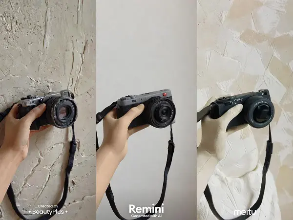 ノーマルカメラでミラーレスカメラを撮影した写真を、左から「BeautyPlus」の『CLAY』、「Remini」、「Meitu」の『ねんど』のフィルターで『粘土加工』したもの