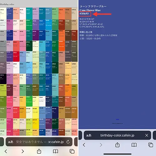 Webブラウザアプリ「Safari」で「バースデーカラー」のページを操作する画面