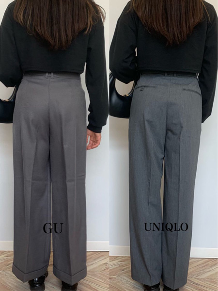 UNIQLO「タックワイドパンツ（丈標準）」とGU「インタックワイドパンツ（丈標準）」（グレー・Mサイズ）の後ろ姿を比較した様子。