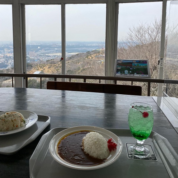 神戸の須磨浦山上遊園にある「まわる喫茶室コスモス」のカレーライスとメロンソーダ