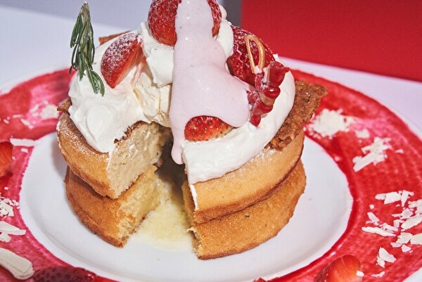 カフェ＆ブックス ビブリオテークで開催されるクリスマスデザートフェア、新作「エアリーチーズクリームと発酵“生”バターのクリスマスパンケーキ　いちごミルキーソース」