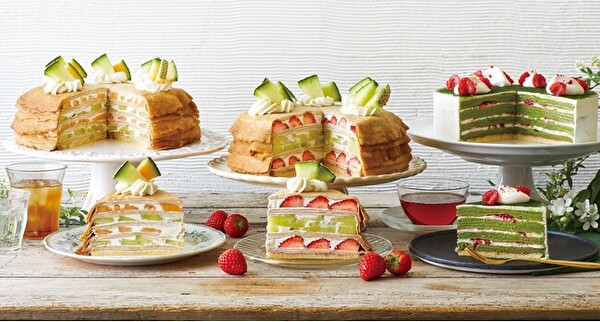 Afternoon Tea LOVE＆TABLEに初夏限定で登場する「ダブルメロンのミルクレープ」「苺とメロンのミルクレープ」「抹茶とラズベリーのミルクレープ」