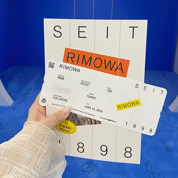 RIMOWAのエキシビション「SEIT 1898」のパンフレットとボーディングチケット