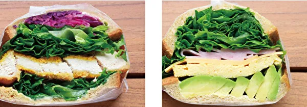 福岡大名ガーデンシティのカフェ「Park South Sandwich」の具材たっぷりサンドイッチ「しそ香るチキンカツ」と「スタンダード」