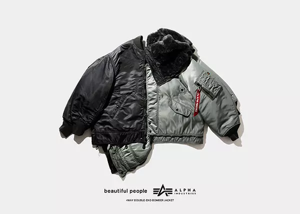 beautiful people x ALPHA INDUSTRIESのコラボ第1弾の商品、「Alpha double-end nylon flight jacket」