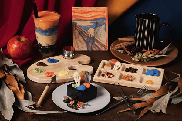 大阪のギャラリーカフェ「unimocc」の新作『ムンクの叫び』をモチーフにした「キャンバス・ケーキセット」と「アートモック・ドリンク」