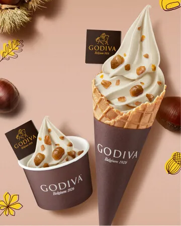 GODIVA秋冬の新作ソフトクリーム「つぶつぶマロン ソフトクリーム ホワイトチョコレートバニラ マロン」のカップとコーン