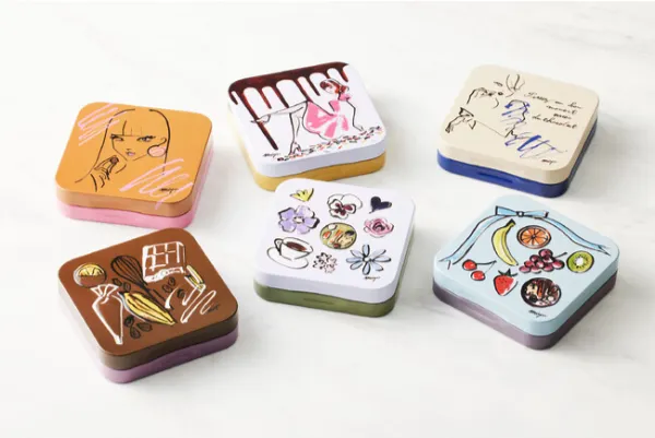 ショコラ専門店「ベルアメール」の20周年記念イベント『パレショコラ ワールド』で販売される「プレミアムパレショコラ（缶入り）」のデザイン缶6種類