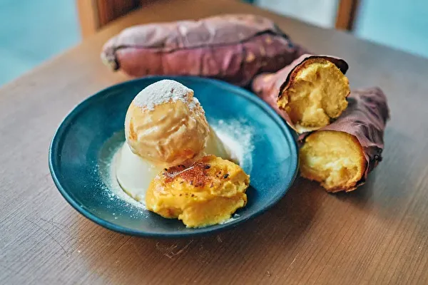京都の古民家カフェ「糖太朗」の季節限定メニュー「生プリン　芋」+「アイス乗せ」