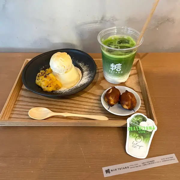 京都カフェ「糖太朗（とうたろう）」の「生プリン 芋」「抹茶ラテ」「ベビーカステラ」