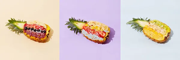 東京・恵比寿のヴィーガンフルーツパーラー「フルーツアンドシーズン」の朝食メニュー、パイナップルの器に盛り付けた3種類のフルーツボウル
