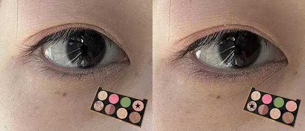 ④MACADAMIA NUTのカラーを下瞼の目頭側に、⑤RUM RAISINのカラーを下瞼の目尻側に塗っている画像