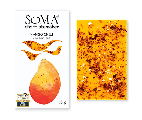 カナダ・トロント発のビーントゥーバーチョコレートブランド「SOMA Chocolatemaker」の「フルーツバー/マンゴーチリ」