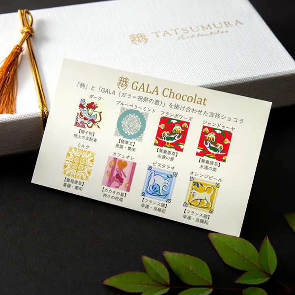 龍村美術織物の「GALA Chocolat」の柄とフレーバーの表