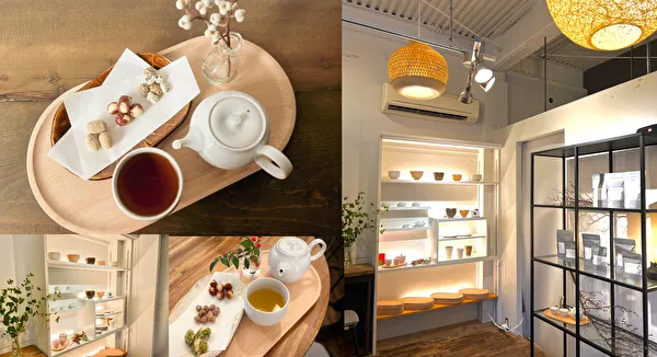福岡県・西小倉駅すぐそばのカフェ「cafe mictea labo」の店舗外観と3種のお茶とお菓子のセットイメージ