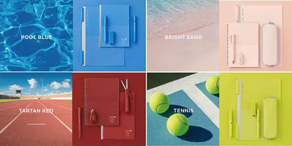 文具ブランド「KOKUYO ME（コクヨミー）」のスポーティさをテーマにした新色『POOL BLUE』『BRIGHT SAND』『TARTAN RED』『TENNIS』