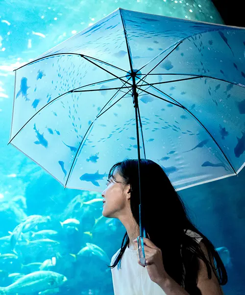 「新江ノ島水族館×Wpc. おはよう、大水槽アンブレラ」をさす女性