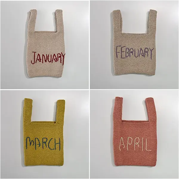March April May（マーチ エイプリル メイ）の「マンスリーニットバッグ」（左上）1月「雪」、（右上）2月「節分」、（左下）3月「ミモザ」、（右下）4月「桜」