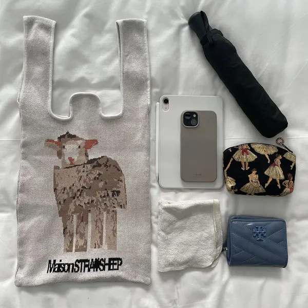 ファッション＆インテリアブランド「MAISON STRAYSHEEP（メゾン ストレイシープ）」のニットバッグ「SHEEP KNIT BAG」と荷物を並べた様子