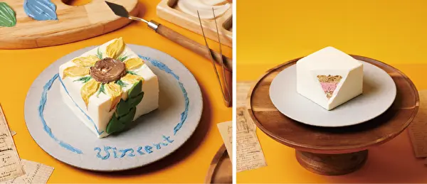 アート体験ができる大阪のカフェ「ユニモック」ゴッホの名画《ひまわり》をイメージした「キャンバスケーキセット」のバターケーキとデコレーションイメージ