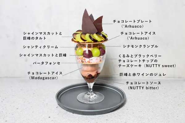 Patisserie Minimal祖師ヶ谷大蔵店の秋限定メニュー「果実とチョコレートのパフェ -シャインマスカットと巨峰-」