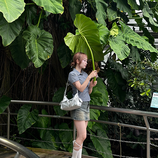 大阪「咲くやこの花館」で大きな葉と一緒に写真を撮る女性