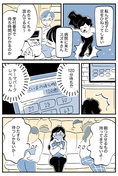 連載マンガ『スズキさんと金曜の午後』第116話「究極の暇つぶし〜病院ver.〜」の1ページ目