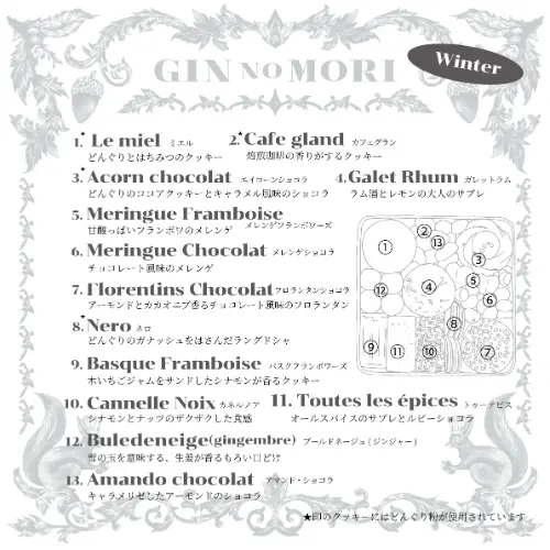 洋菓子店「パティスリー GIN NO MORI」の森の素材×ショコラが織りなす冬限定クッキー缶「森の恵みクッキー プティボワ Winter缶」メニュー