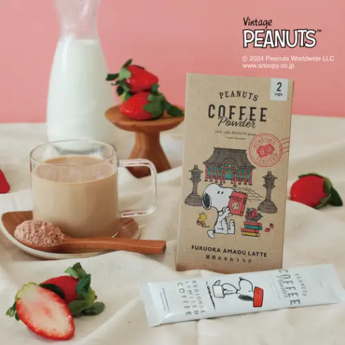 パウダーコーヒーブランド「INIC coffee」のPEANUTS coffeeシリーズの地域限定フレーバー「福岡あまおうラテ」のイメージ