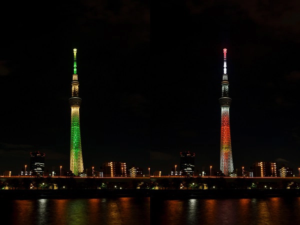 東京スカイツリーのクリスマス限定ライティング（写真左から「シャンパンツリー」「キャンドルツリー」）